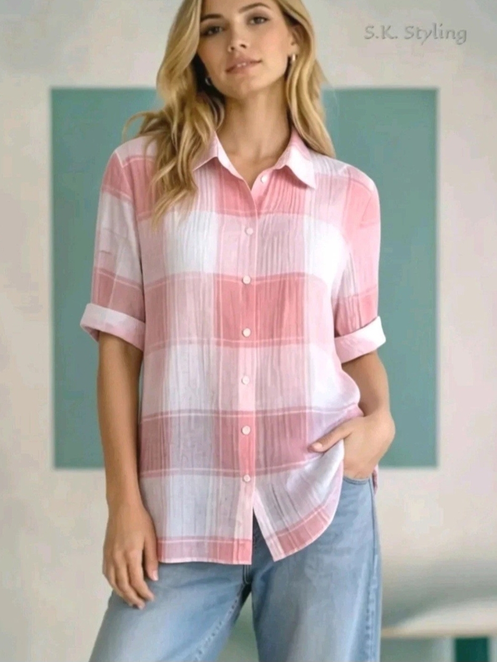 Serengeti Pink White Thin Crinkled Textured Button-up Top Tunic Cover-Up M/Large